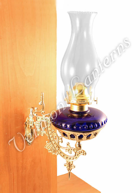 Hurricane Oil Lamps - Cobalt Glass w/Brass Wall Bracket
