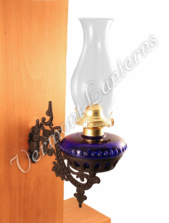 Oil Lamps - Cobalt Blue Glass w/Cast Iron Wall Bracket