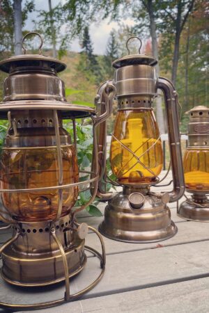 Brass Railroad Oil Lamp, Hurricane Lantern Amber Glass