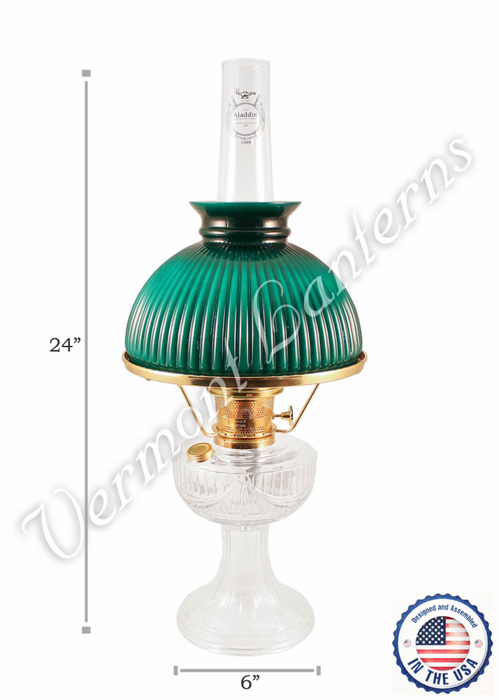 C6177-301_Clear-Lincoln-wGreen-Shade_0 Aladdin Lincoln Drape Oil Lamp - Clear Glass w/Green Shade 24"
